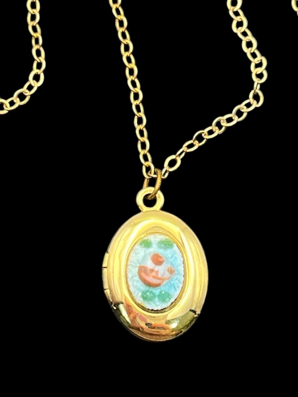 Blue Guilloche enamel gold tone oval flower rose locket pendant on necklace